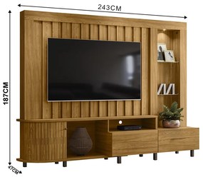 Estante de TV 70 Pol 243cm Ripado Sala de Estar Nivora M20 - D'Rossi - Cumaru