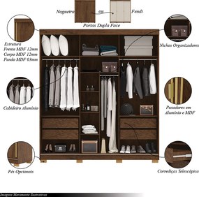 Guarda Roupa Casal Heros 3 Portas de Correr Dupla Face com Gavetas MDF Nogueira/Fendi G98 - Gran Belo
