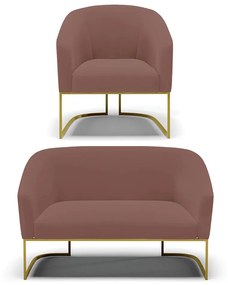 Sofá Namoradeira e Poltrona Base Industrial Dourado Stella Veludo D03 - D'Rossi - Rose