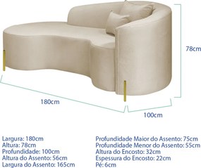 Divã Recamier Curvo Sala de Estar Recepção Inglaterra 180cm Pés Metal Dourado Lado Esquerdo Linho