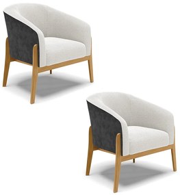 Poltrona Decorativa Base Madeira Kit 2 Stella PU Preto/Bouclê D03 - D'Rossi - Off White