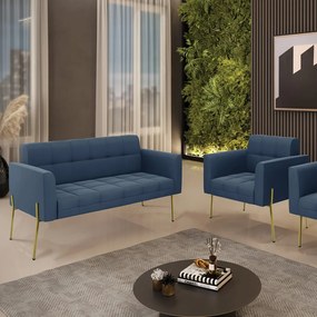 Sofá Namoradeira e Poltrona Pé de Ferro Dourado Elisa Suede D03 - D'Rossi - Azul Marinho