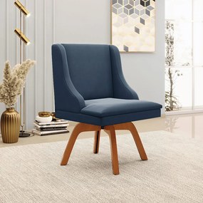 Poltrona Decorativa Base Giratória de Madeira Firenze Suede Azul Marinho/Natural G19 - Gran Belo