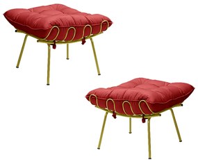 Kit 2 Puff Decorativo Sala de Estar Abel Pés Dourado Suede Vermelho G41 - Gran Belo