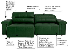 Sofá Retrátil e Reclinável 4 Lugares Maitê 256 cm Couro Verde G43 - Gran Belo