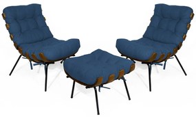 Kit 2 Poltronas Decorativa Costela Com Puff Costela Suede Azul Marinho