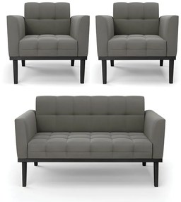 Sofá Namoradeira e 2 Poltronas Base de Madeira Preto Elisa Suede D03 - D'Rossi - Grafite