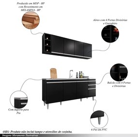 Conjunto Balcão de Cozinha para Pia Apex Armário Aéreo MDP/BP Preto G96 - Gran Belo