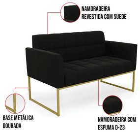 Kit 1 Sofá Namoradeira e 2 Poltronas Elisa Suede Base Metálica Industrial Dourado D03 - D'Rossi - Preto