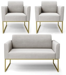 Sofá Namoradeira com 2 Poltronas Base Industrial Dourado Marisa Veludo D03 - D'Rossi - Cinza