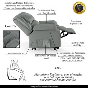 Poltrona do Papai Reclinável Sala de Cinema Madrid Elevação Lift Elétrico PU Cinza  G23