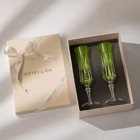 Kit 2 Taças de Cristal Flauta Lapidado 66 p/ Champanhe c/ Caixa de Presente - Verde Claro  Verde Claro