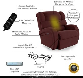 Poltrona do Papai Sala de Cinema Reclinável Kylie Elétrica Botão com Led Massagem USB Veludo Vinho G23