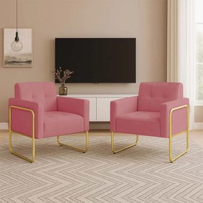 Poltrona Sala Industrial Alta Tubo Dourado Kit 2 Elisa Suede D03 - D'Rossi - Rose