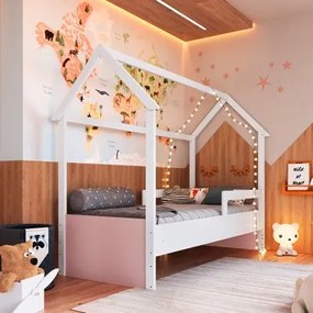 Cama Infantil Montessoriana Solteiro Branco com Rosa Completa Móveis