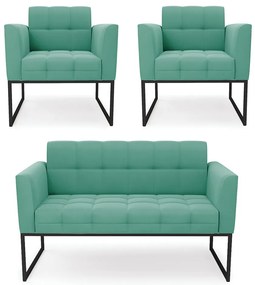 Kit 1 Sofá Namoradeira e 2 Poltronas Elisa Suede Base Metálica Industrial Preto D03 - D'Rossi - Azul Turquesa