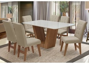 Conjunto Mesa de Jantar Safira com 06 Cadeiras Agata 160cm Cedro/Branco Off/Bege - ADJ DECOR
