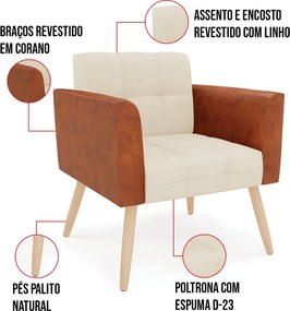 Poltrona Pés Palito Natural Elisa Corano Nozes e Linho Bege A19 D03 - D'Rossi