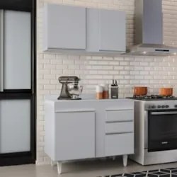 Armário Cozinha e Balcão Com Tampo 100cm Luziania Cinza Claro - Lumil