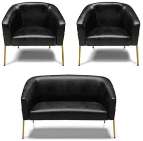 Namoradeira e 2 Poltronas Pé de Ferro Dourado Stella Sintético PU D03 - D'Rossi - Preto