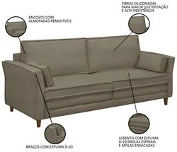 Sofá Living 3 Lugares 180cm Pés Madeira Efraim F05 Veludo Castor - Mpo