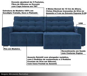 Sofá Retrátil e Reclinável 274cm com USB Elliot Suede Azul Marinho G52 - Gran Belo