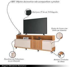 Bancada Decorativa Glamour TV até 70 Pol Ripada MDP/MDF Pés Rodízio Cinamomo/Off White G26 - Gran Belo