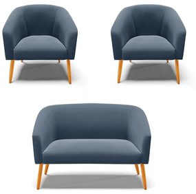 Namoradeira e 2 Poltronas Pé Palito Castanho Stella Suede Azul Marinho D03 - D'Rossi