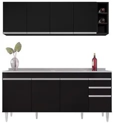 Armário Aéreo Nevada e Balcão Gabinete 180cm Com Pia Dallas Preto - Lu