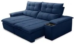 Sofá Retrátil 3 Lugares com Porta Copo 210cm Malta F05 Veludo Azul - M