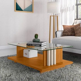 Mesa de Centro Para Sala Ripado Tampo de Vidro Mirezi M20 - D'Rossi - Cinamomo e Off White