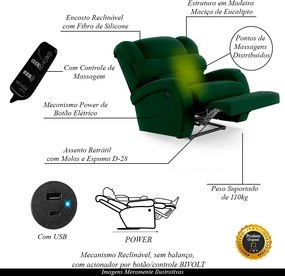 Poltrona do Papai Sala de Cinema Reclinável Kylie Power Elétrica Massagem USB Veludo Verde Esmeralda G23