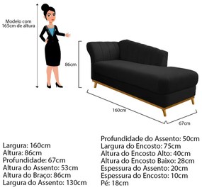 Recamier Vanessa 160cm Lado Direito Suede Preto - ADJ Decor