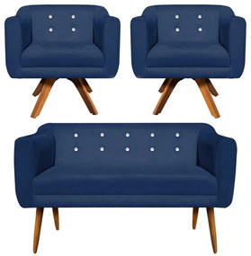 Kit 01 Namoradeira 02 Lugares e 02 Poltronas Giratória Julia Suede Azul Marinho com Strass Base Madeira MM30 D'Rossi