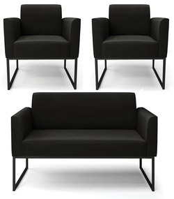 Sofá Namoradeira com 2 Poltronas Base Industrial Preto Marisa Suede Preto D03 - D'Rossi