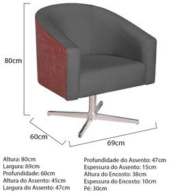 Poltrona Luiza Base Giratória de Metal Corano Nozes e Linho Cinza Escuro - ADJ Decor