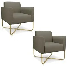 Kit 2 Poltronas Decorativas Base Industrial X Dourada Maressa S12 Sued
