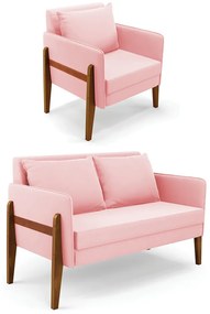 Kit 1 Sofá Namoradeira e 1 Poltrona Lana Suede Rosa Bebê Base de Madeira - D'Rossi