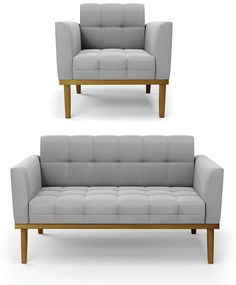 Conjunto Poltrona e Namoradeira Decorativas Karen Pés Fixo em Madeira Castanho Suede Cinza G19 - Gran Belo