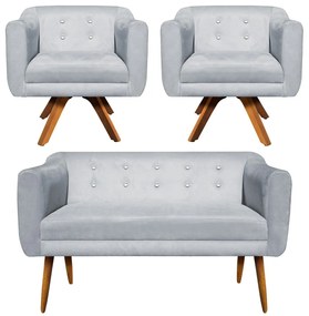 Kit 01 Namoradeira 02 Lugares e 02 Poltronas Giratória Julia Suede Cinza com Strass Base Madeira MM30 D'Rossi