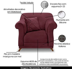 Poltrona Decorativa com 1 Almofada Armstrong Veludo Vinho G63 - Gran Belo