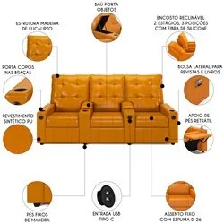 Poltrona de Cinema Reclinável 3 Lugares Baú USB Mallie FH9 PU Whisky -