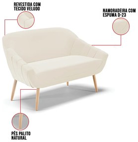 Namoradeira 02 Lugares Giovana Veludo Pés Palito Natural D03 - D'Rossi - Bege