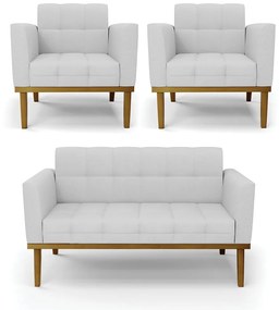 Conjunto 2 Poltronas e 1 Namoradeira Decorativa Karen Pés Fixo em Madeira Castanho Linho Cinza G19 - Gran Belo