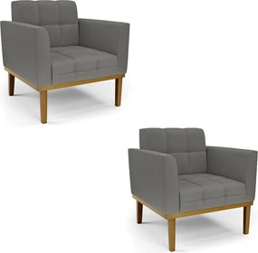 Kit 2 Poltronas Decorativas Karen Pés Fixo em Madeira Castanho Linho Cinza Mesclado G19 - Gran Belo