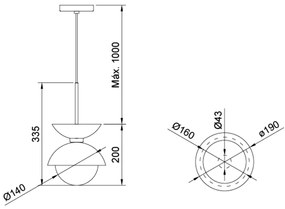 Pendente Bibelô Ø19X20Cm Globo 14Cm 1Xe27 G45 / Anel Distanciador Dour... (CB-M / PT - Cobre Metálico / Preto Texturizado)