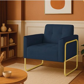 Poltrona Sala Industrial Alta Tubo Dourado Elisa Suede D03 - D'Rossi - Azul Marinho
