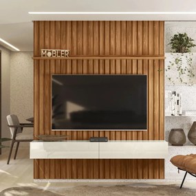 Painel Ripado de Parede com Gaveta 2,00x2,65  Slatted MDP Mel/Off White G44 - Gran Belo