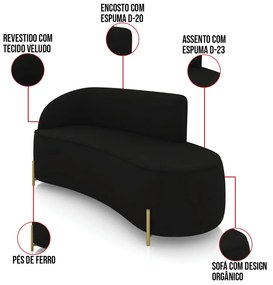Sofá 3 Lugares Orgânico 180cm Pé Dourado Morgan Veludo D03 - D'Rossi - Preto