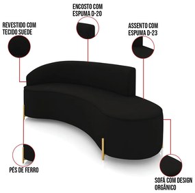 Sofá 4 Lugares Orgânico 220cm Pé Dourado Morgan Suede D03 - D'Rossi - Preto